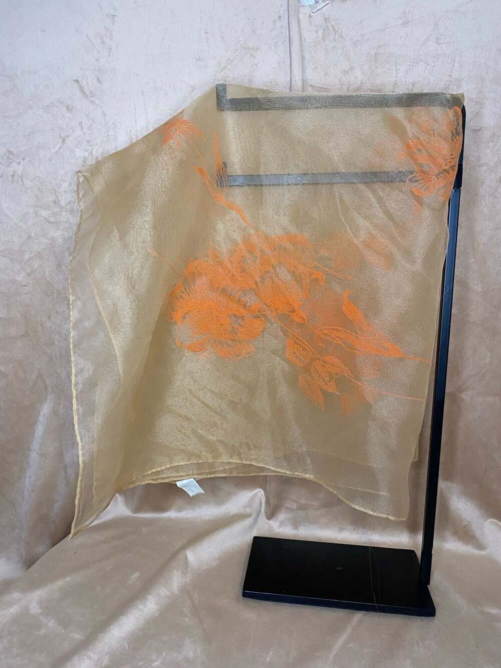 Vintage Floral Embroidered Nylon and Rayon Sheer Scarf